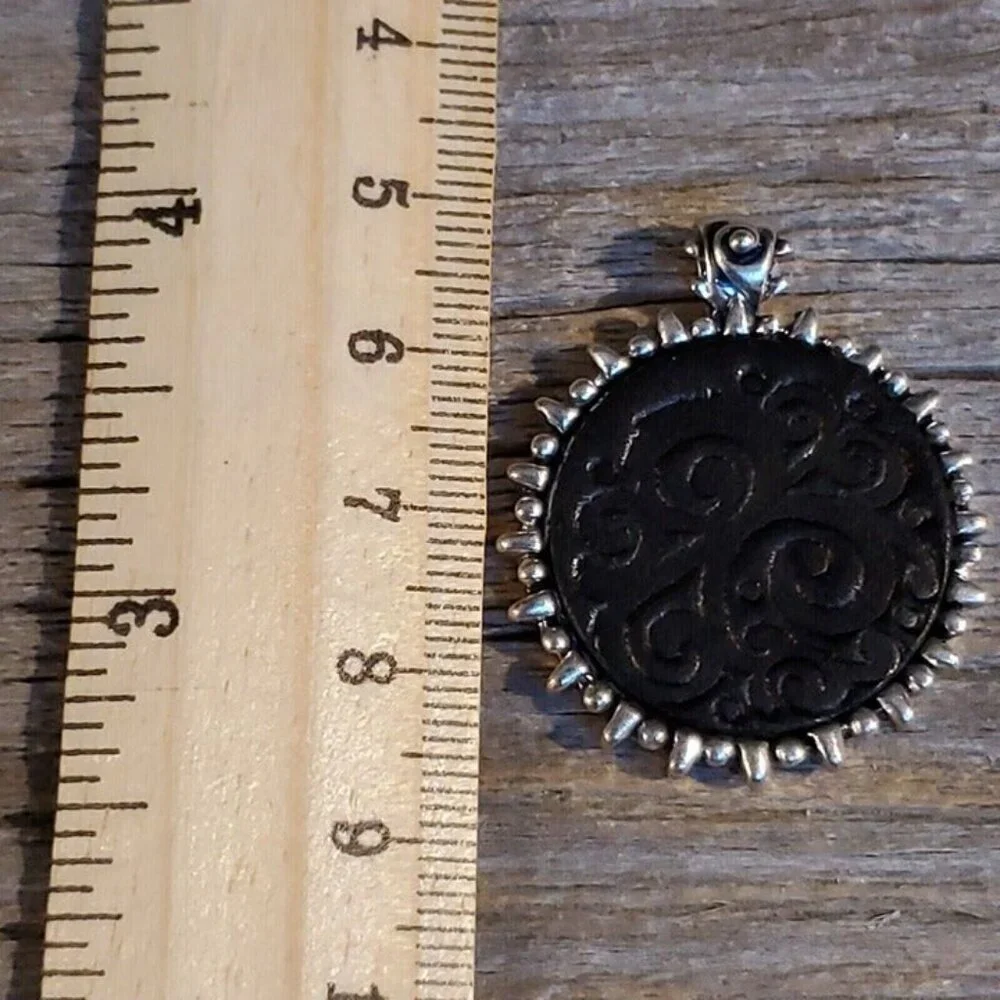Y2K Vintage Black Leather Embossed Swirls Bali Style Bail Silver Pewter Pendant